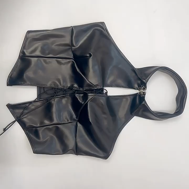 OM - Summer New Arrival Hot Girl Lace-Up Backless Sleeveless Crop Top Nightclub Outfit Punk Leather Vest