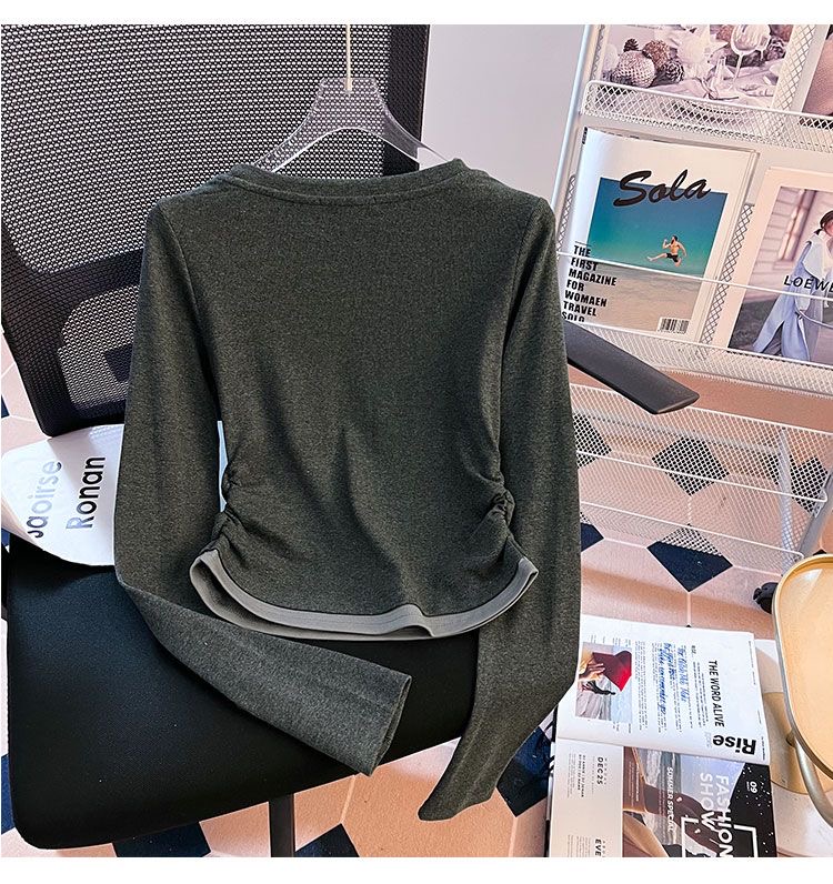 2024 Women's Dark Grey Fake Two Piece Autumn Long Sleeve Top