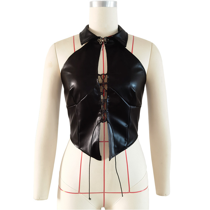 OM - Summer New Arrival Hot Girl Lace-Up Backless Sleeveless Crop Top Nightclub Outfit Punk Leather Vest