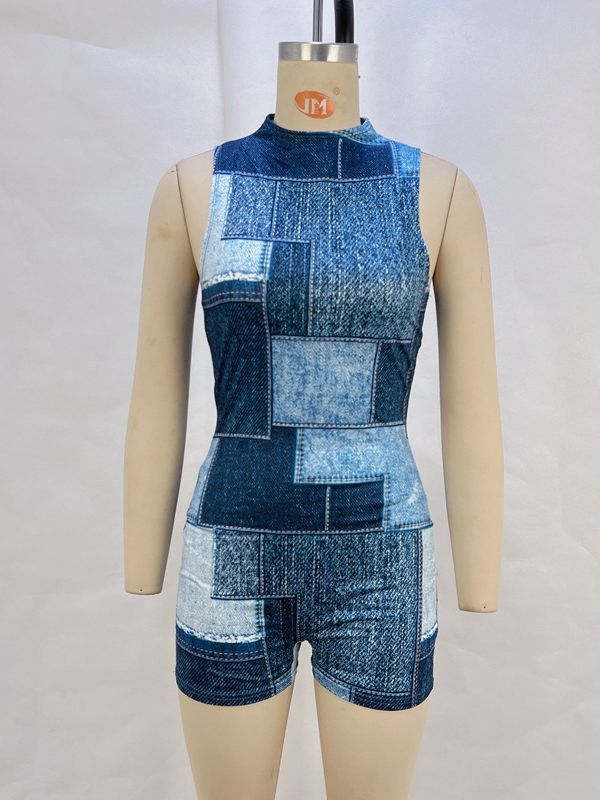 OM-2025 Summer New Casual Sleeveless Denim Printed Waist-cinching and Butt-lifting Jumpsuit