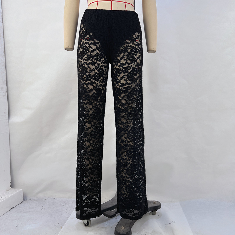 OM-2025 Summer New Arrival Sexy and Versatile Lace See-Through High-Waisted Patchwork Long Straight Leg Pants Women's Pants