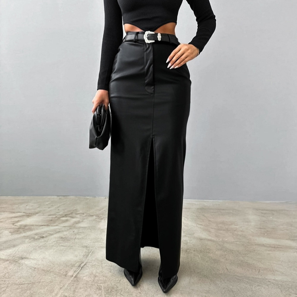 OM- 2024 Leather Design Split Solid Color High Waist Simple Leather Fitted Skirt