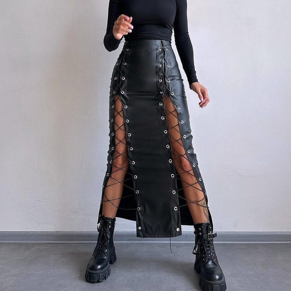 OM- 2025 Spring PU Leather Sexy Solid Color Slit Tie-up Bodycon Skirt Slimming Skirt