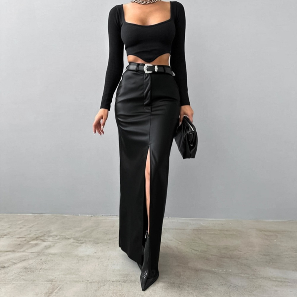 OM- 2024 Leather Design Split Solid Color High Waist Simple Leather Fitted Skirt