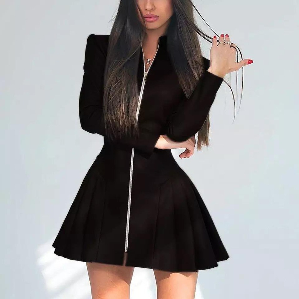 OM-Fashionable Slim-Fit Long-Sleeved Pleated Skirt PU Leather Zipper Dress