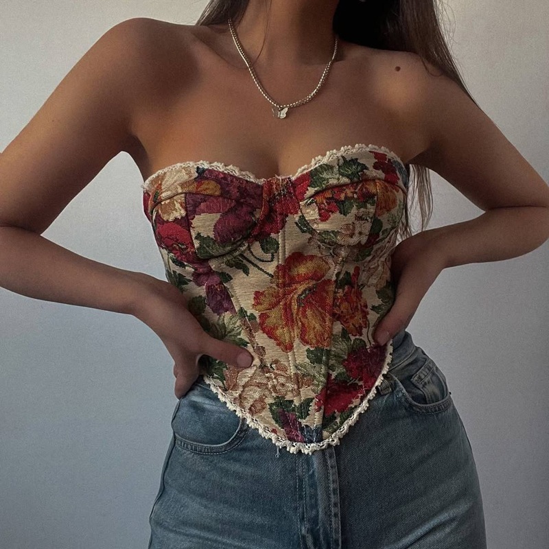 OM - Street Retro Jacquard Wrap-Around Lace-Up French Narrow Fishbone Waist Cincher Slim-Fit Crop Top
